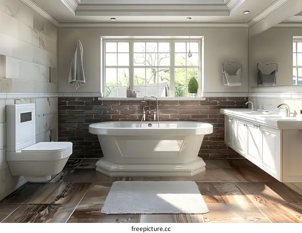 Bathroom interior with brick wall and freestanding bathtub