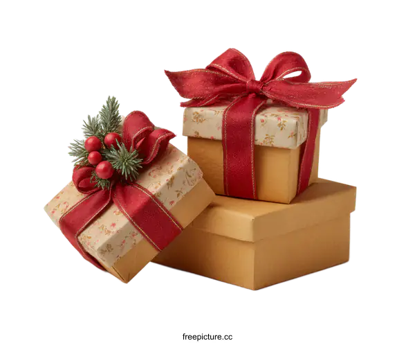 [Transparent Background PNG]Stacked Gift Boxes with Red Ribbons
