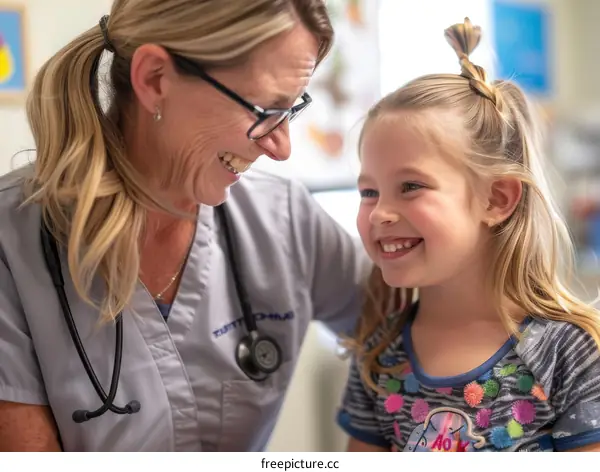 Blond female doctor smiling at young girl patient