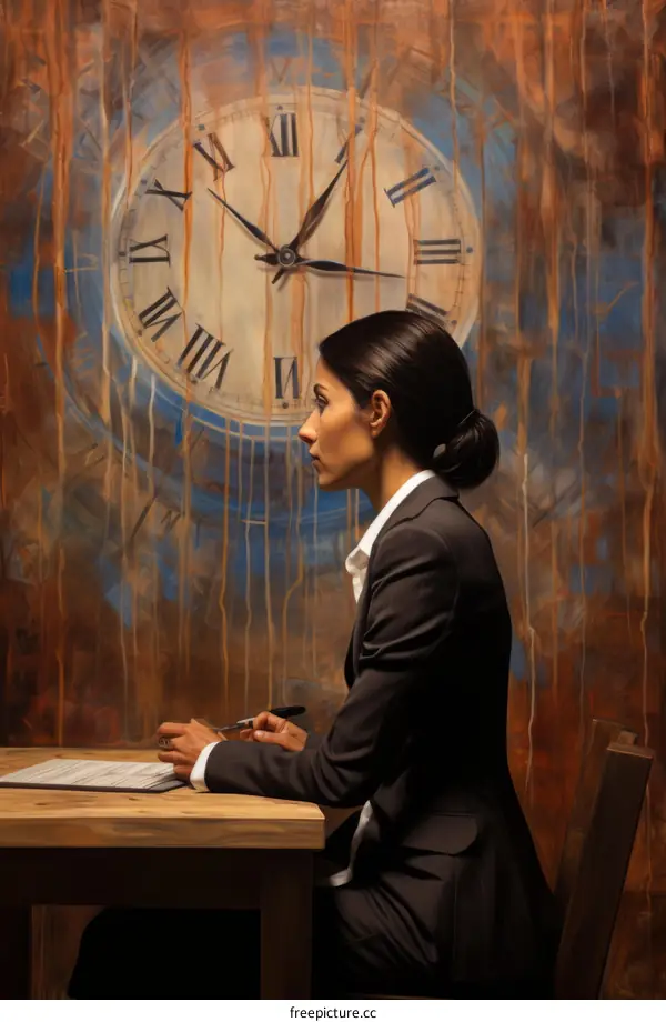 businesswoman looking at contract clock background