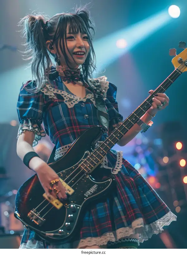 Risa of SCANDAL playing bass guitar