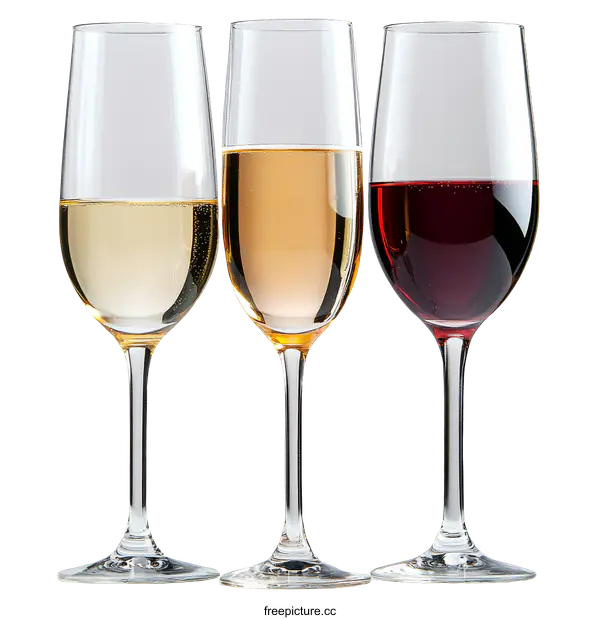 [Transparent Background PNG]Three Wine Glasses Featuring White Wine, Rosé, and Red Wine