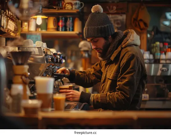 Bearded man making coffee in a coffee shop