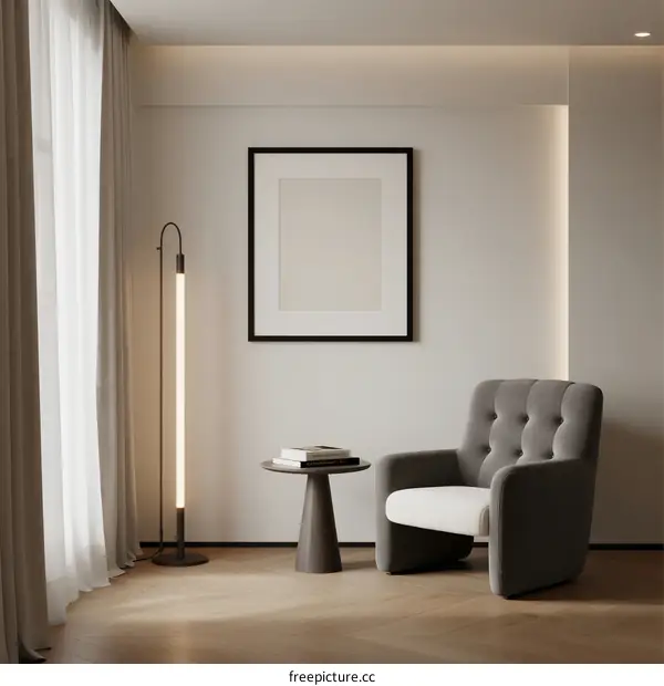 Modern minimalist living room with comfortable armchair and floor lamp