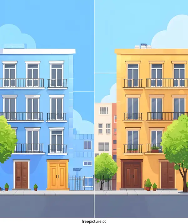 Cartoon Cityscape Illustration With Colorful Buildings