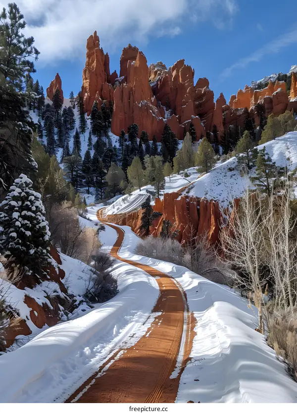 Winding Road Through Snow Covered Landscape In Bryce Canyon National Park