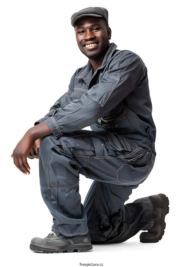 Smiling African American Worker Kneeling