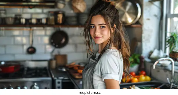 Portrait of a young woman standing in a kitchen