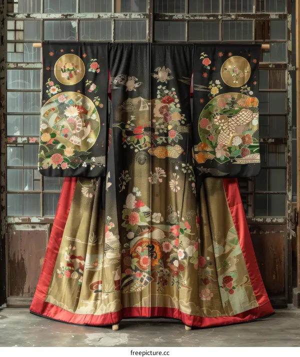 A kimono with a pattern of auspicious clouds and cranes