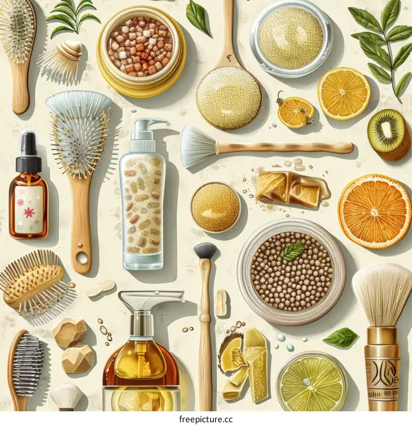 An illustration of various cosmetic products and natural ingredients on a solid white background