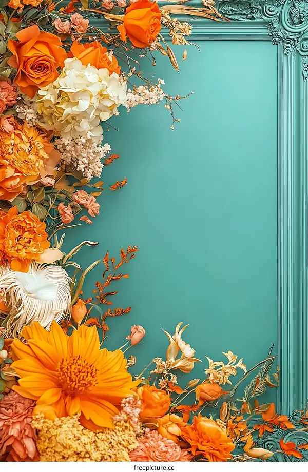 Orange and White Flowers Bouquet on Teal Background with Vintage Frame