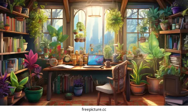 A cozy home office surrounded by plants and books