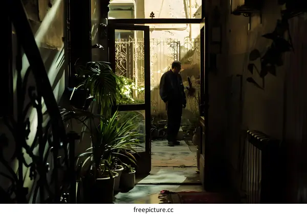 Silhouette of a Man Standing in a Doorway in an Old Building