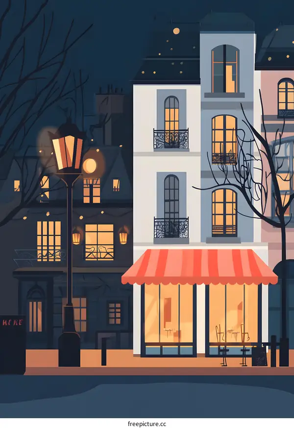 Night View of European Street with Cafe