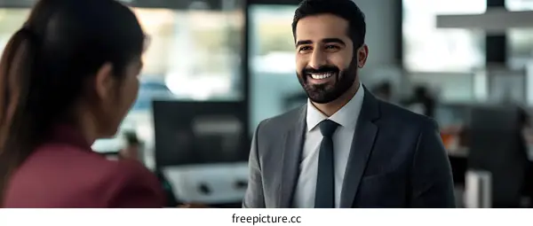 Smiling Indian Businessman Talking to a Woman