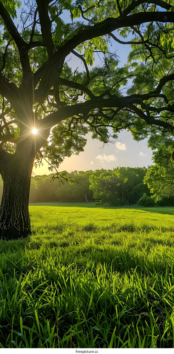 green field under the sunlight with big tree