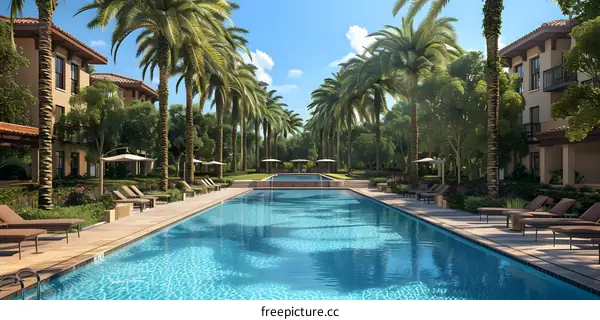 Palm trees line a long swimming pool in a beautiful resort