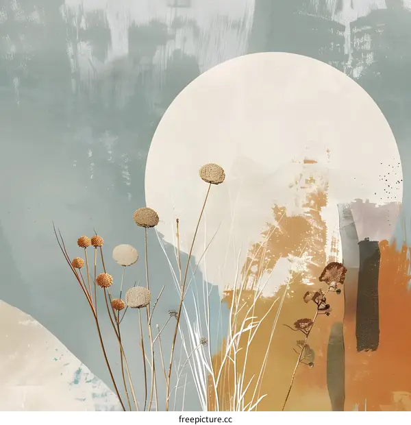 Abstract Minimalist Watercolor Painting with Dried Flowers and a Circle