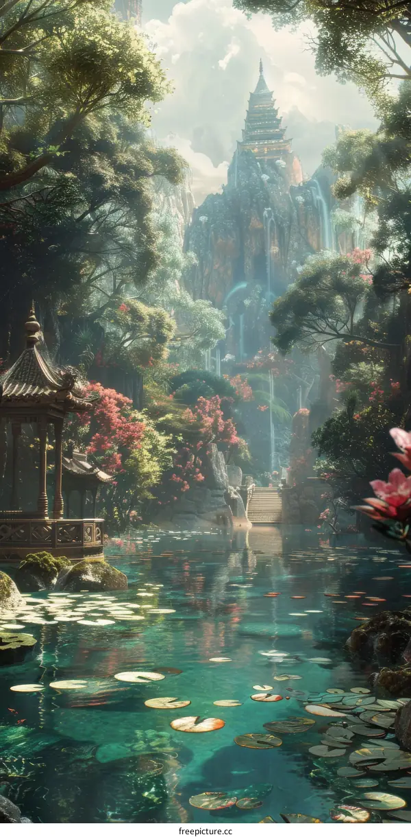 Pagoda on a Mountaintop with a Tranquil Lake