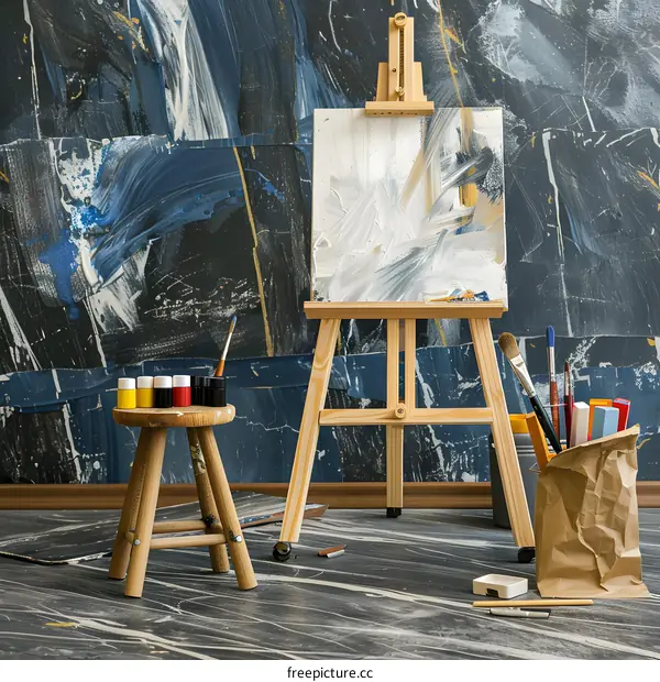 Abstract Painting on Easel with Paint Supplies