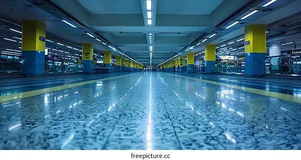 Empty Subway Station Platform With Yellow And Blue Walls