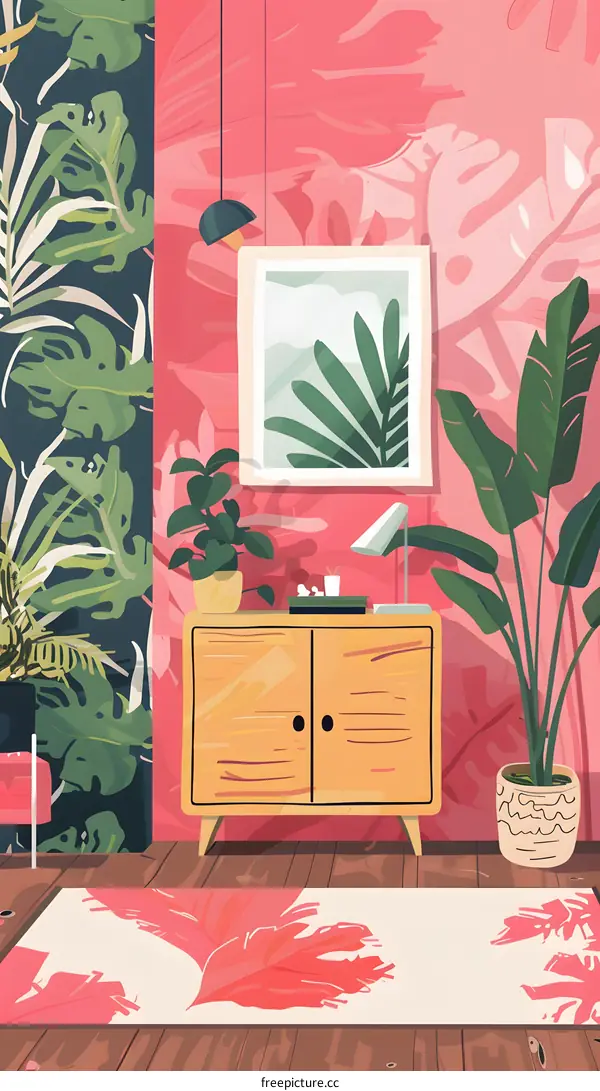 Tropical Leaves and Plants in a Room Illustration