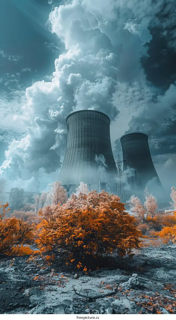 Two Cooling Towers of a Coal Power Plant with Colorful Trees in the Foreground