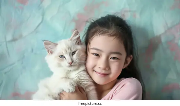 A cute Asian girl hugging a white cat