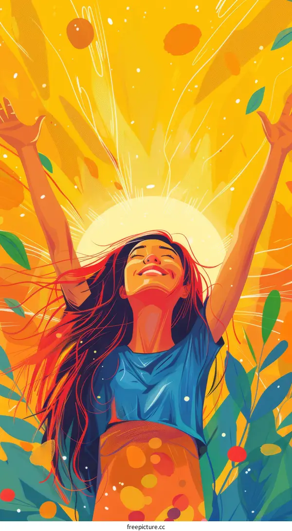 A woman standing in a field of flowers, raising her arms in joy