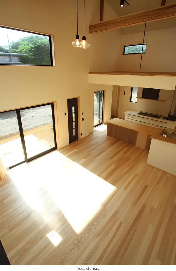 Modern Open Plan Interior Design Living Room With Wooden Floor And Large Windows