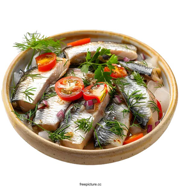 [Transparent Background PNG]Appetizing herring with tomatoes and herbs