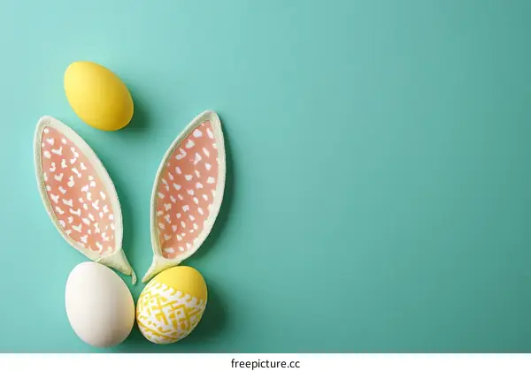Easter Eggs and Bunny Ears Decorated on Teal Background
