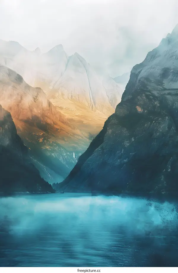 Mountain Range Landscape with Fog and Water