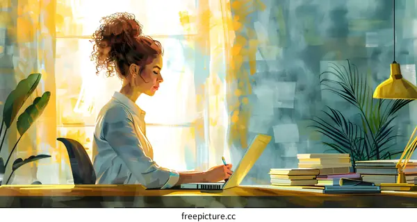 A woman is sitting at a desk writing in a notebook. There is a laptop on the desk, a lamp, and some books.