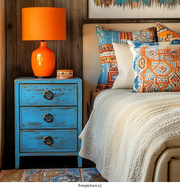 Bohemian Bedroom Interior Design with Orange Lamp