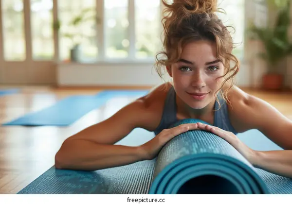 Close up portrait of a beautiful young woman with freckles and curly hair in a yoga studio