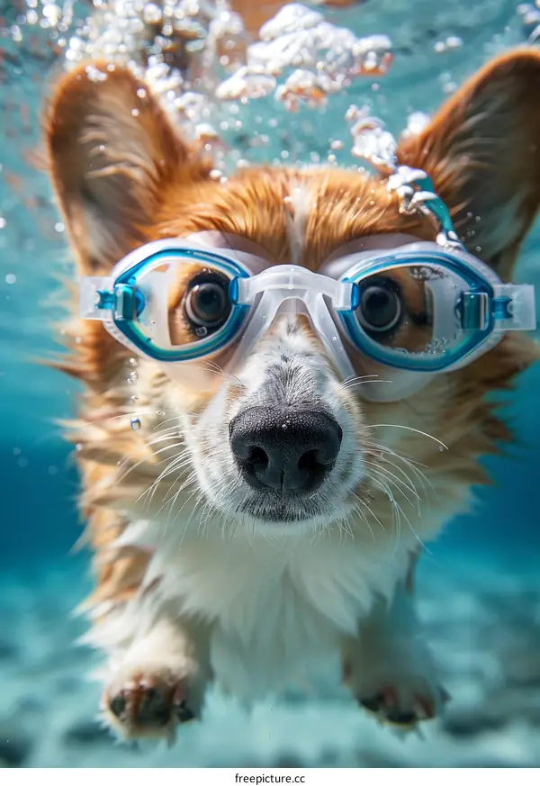 A cute dog wearing swimming goggles swims underwater