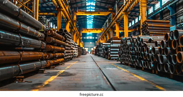 Large Industrial Steel Pipes Stacked in Warehouse
