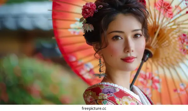 Beautiful Japanese Woman in Traditional Kimono with Red Umbrella