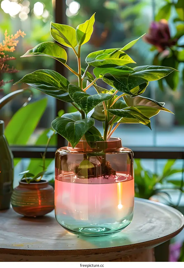 A beautiful plant in a glass vase sits on a table near a window.