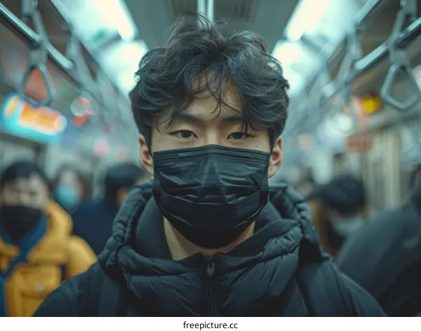 Portrait of a young man wearing a mask on a crowded subway train