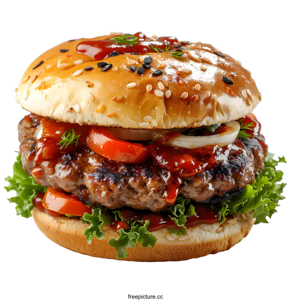 [Transparent Background PNG]Delicious Burger with beef, tomato, lettuce and onion