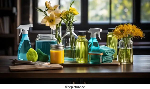 A variety of cleaning supplies are arranged on a wooden table near a window.