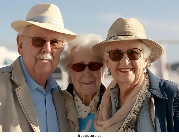 Three Elderly People Smiling Together Wearing Hats And Sunglasses Outdoors