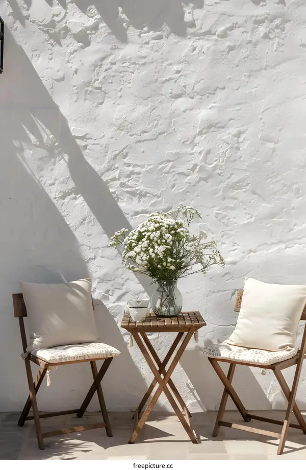 White Wall Patio with Flowers and Folding Chairs
