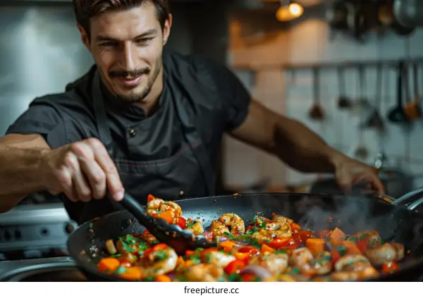 Stir-frying a delicious meal with fresh ingredients