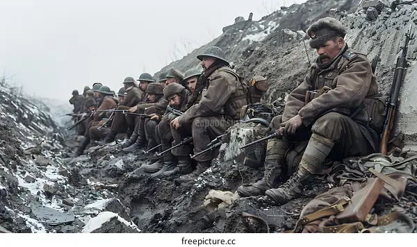 A group of soldiers sitting in a trench during World War I
