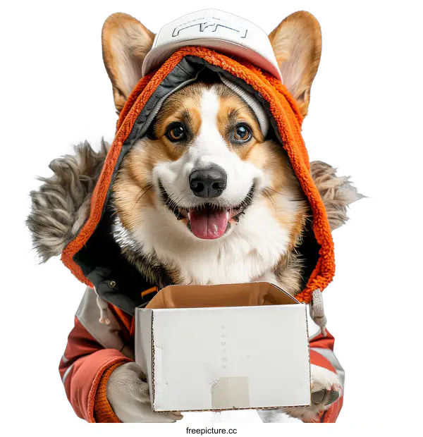 [Transparent Background PNG]Dog holding a white box on black background