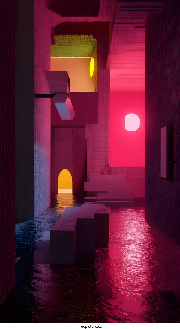 Abstract Architecture With Geometric Shapes And Neon Lights