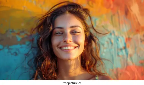 Beautiful Woman Smiling Outdoors in Front of Colorful Mural